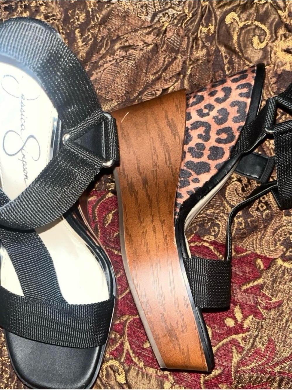 Jessica Simpson Black & Leopard Wedge Sandals with Wood-Effect Heel